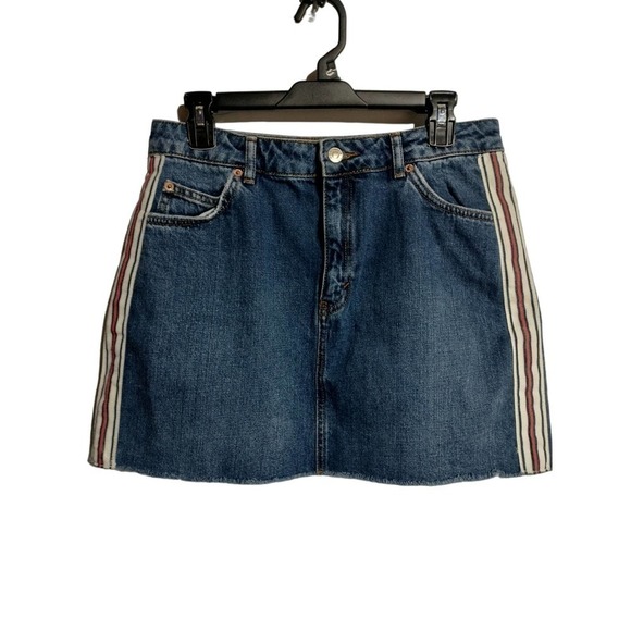 Top Shop Moto jean mini skirt with fringe bottom size 12 - Picture 1 of 4